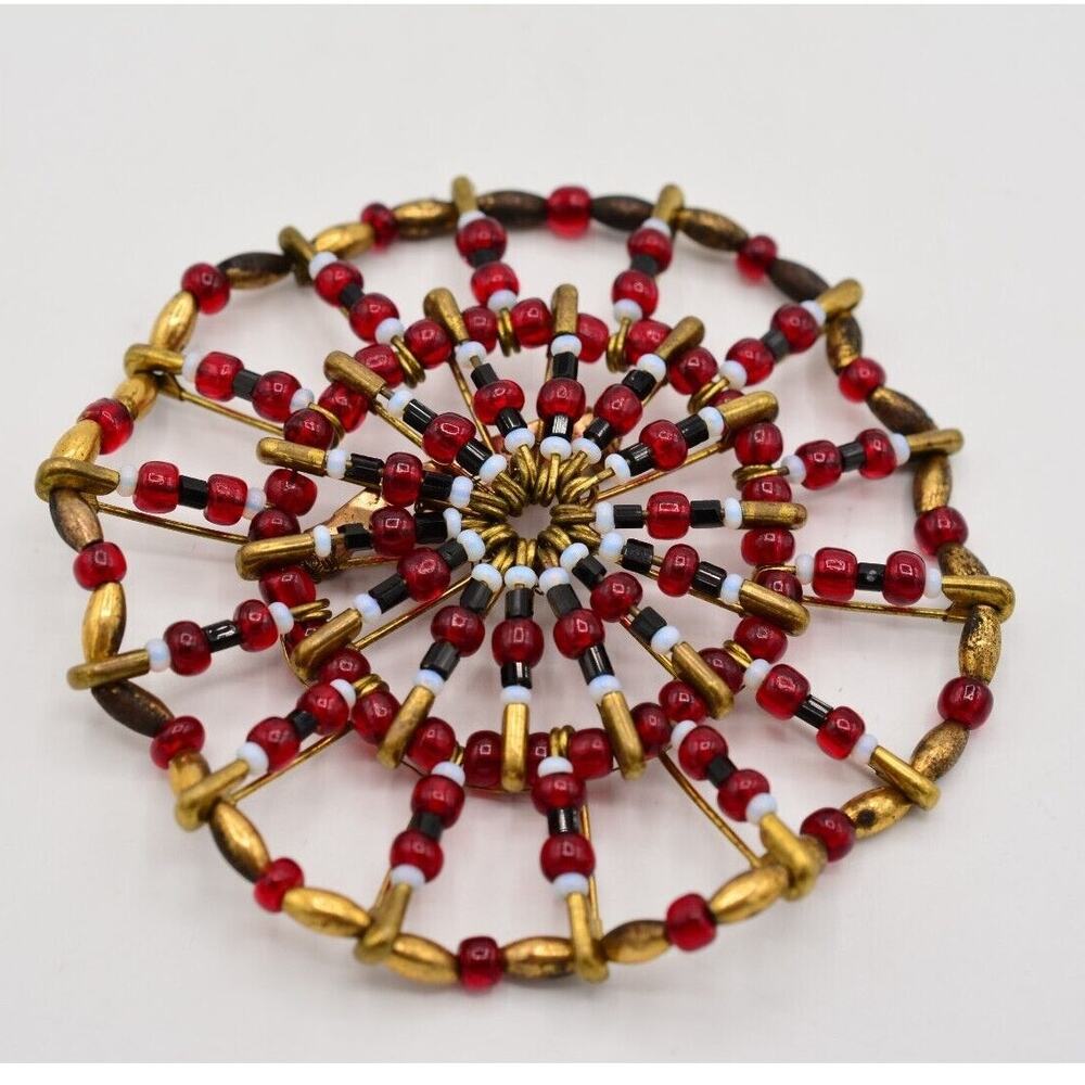 Vintage Handcrafted Safety Pin Brooch Spider Web Beaded Red Black Gold Bin5A